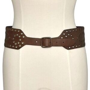 Vintage Boho Chic Womens Belt L Brown Leather Wide Grommet Western Cowgirl